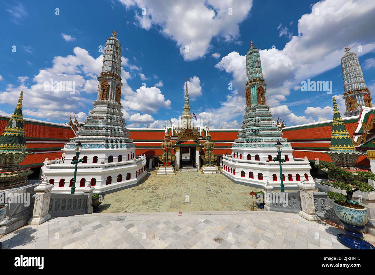 Two Prangs at Wat Phra Kaew, Temple of the Emerald Buddha, Bangkok, Thailand Stock Photo