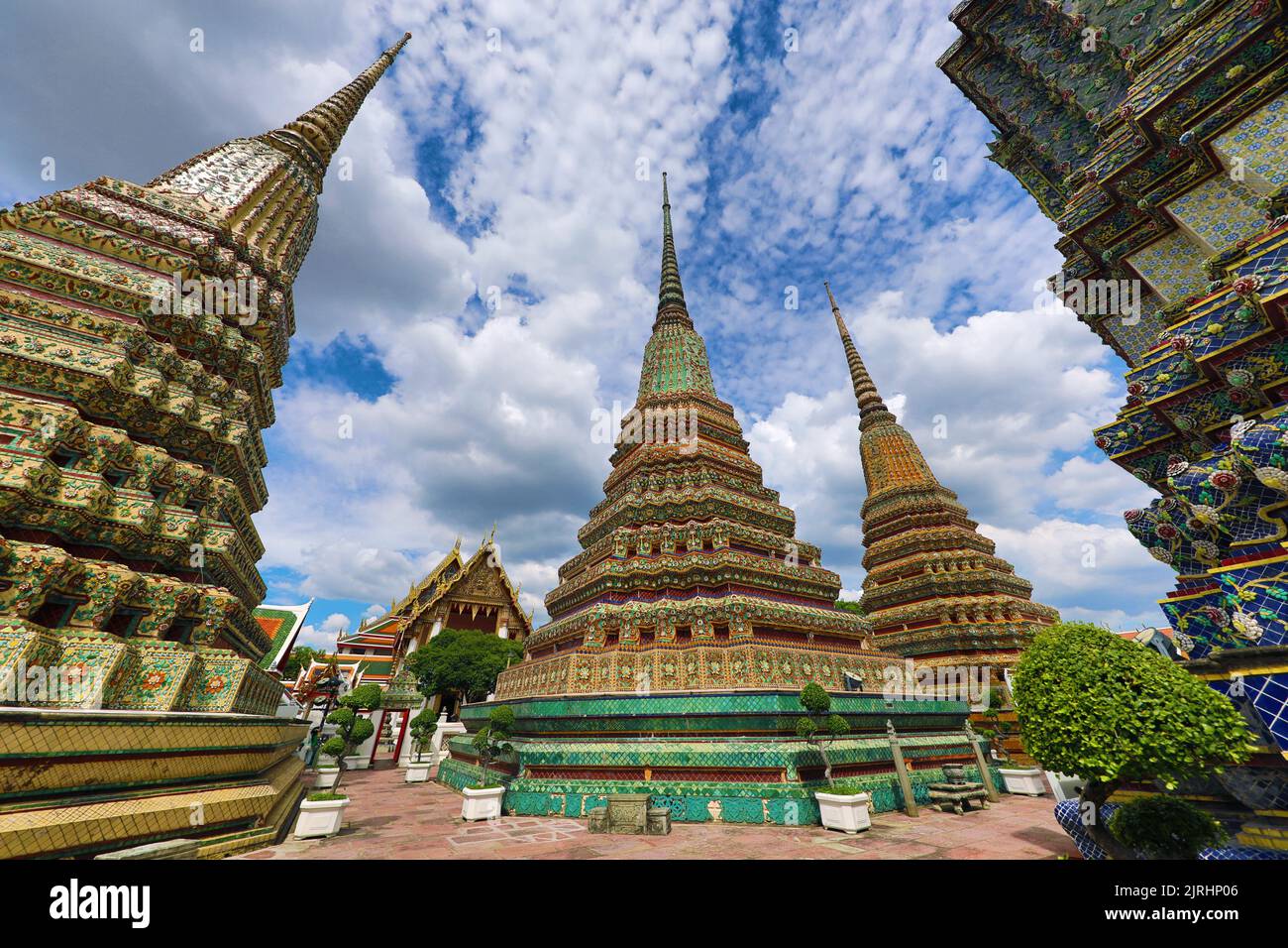 Spires of tiled Chedis at Wat Pho temple, Bangkok, Thailand Stock Photo