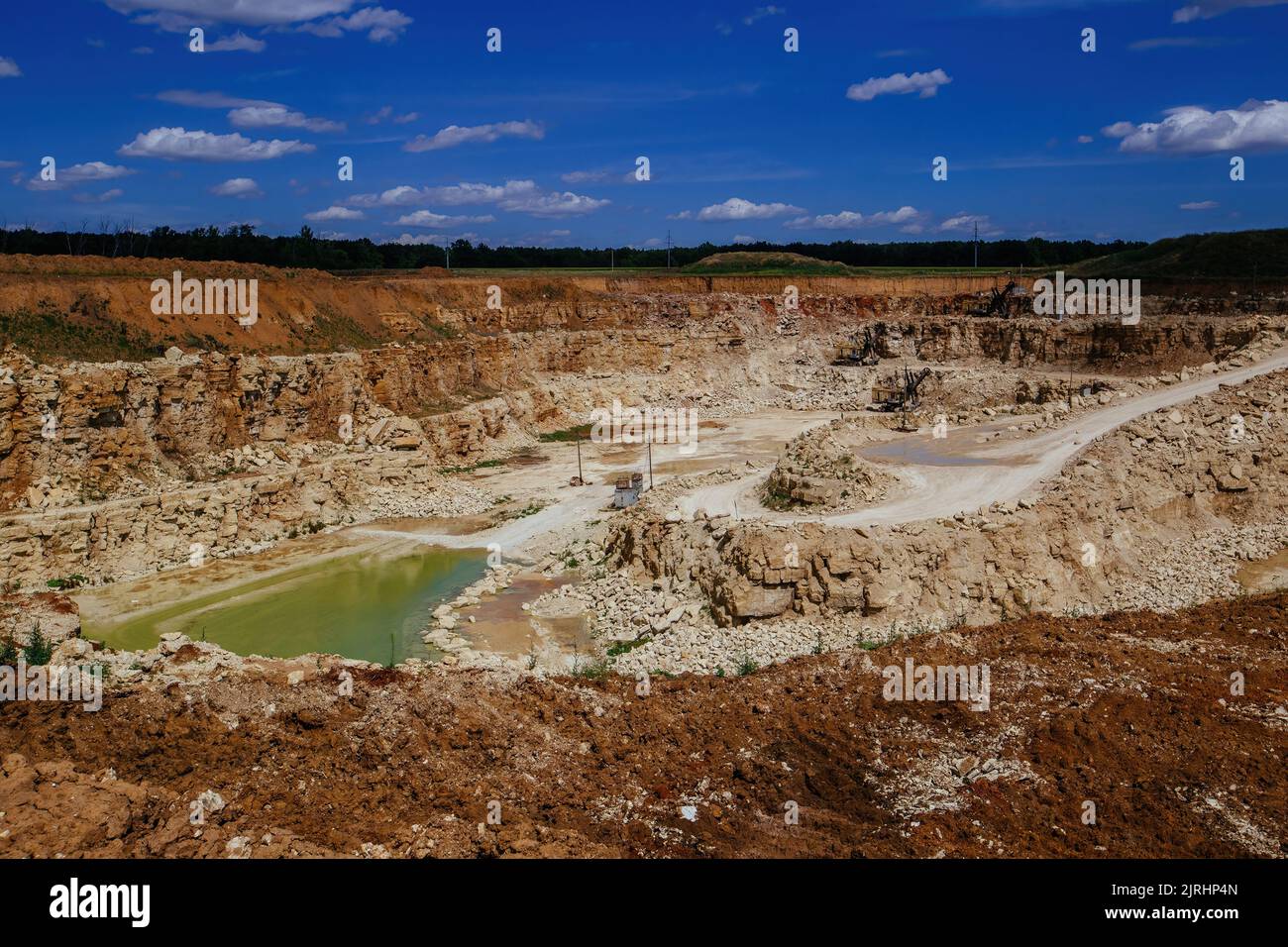 Excavarors working on limestone mining in the quarry Stock Photo Alamy