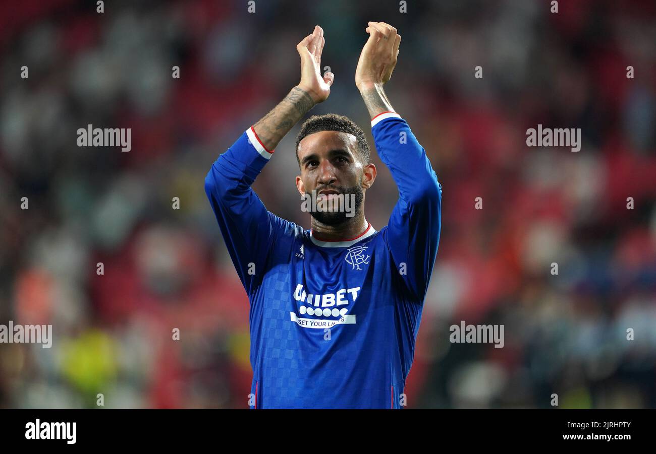 Rangers' Connor Goldson applauds the fans after the final whistle during the UEFA Champions League qualifying match at PSV Stadion, Eindhoven. Picture date: Wednesday August 24, 2022. Stock Photo
