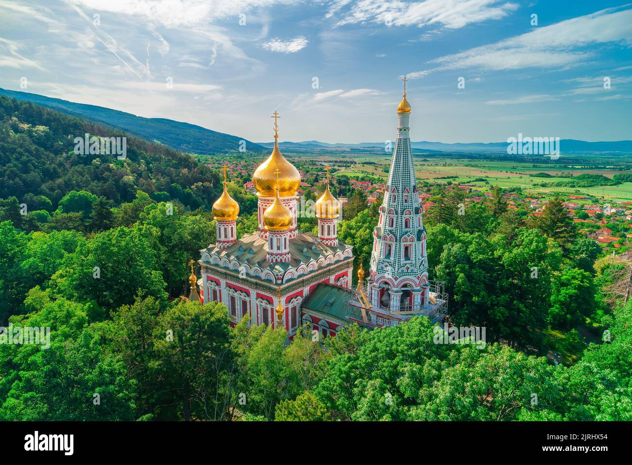 Shipka Memorial Russian Church, town of Shipka, Bulgaria, aerial drone view Stock Photo