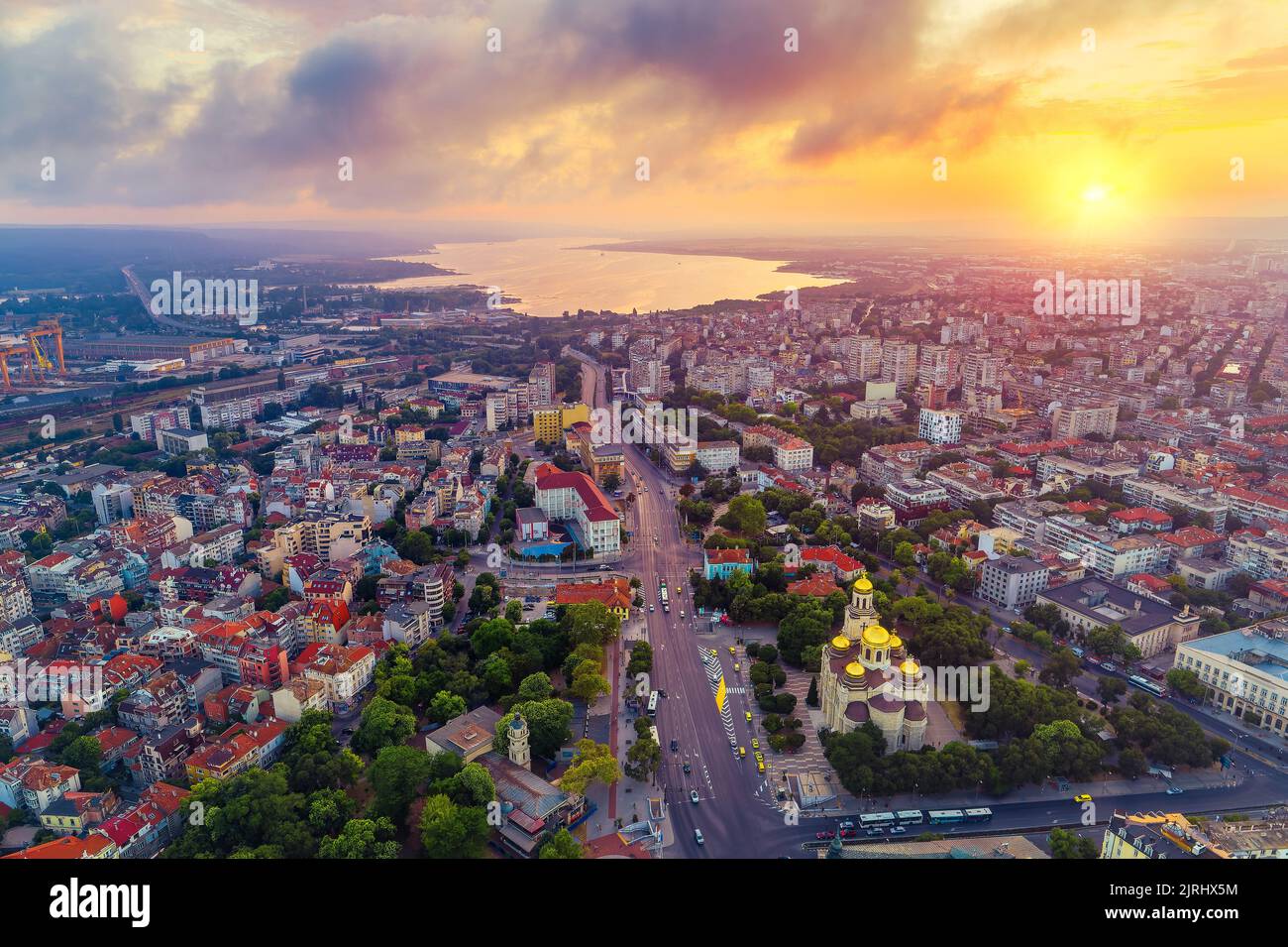 The Cathedral of the Assumption in Varna, Bulgaria. Aerial view of downtown and sea. Stock Photo