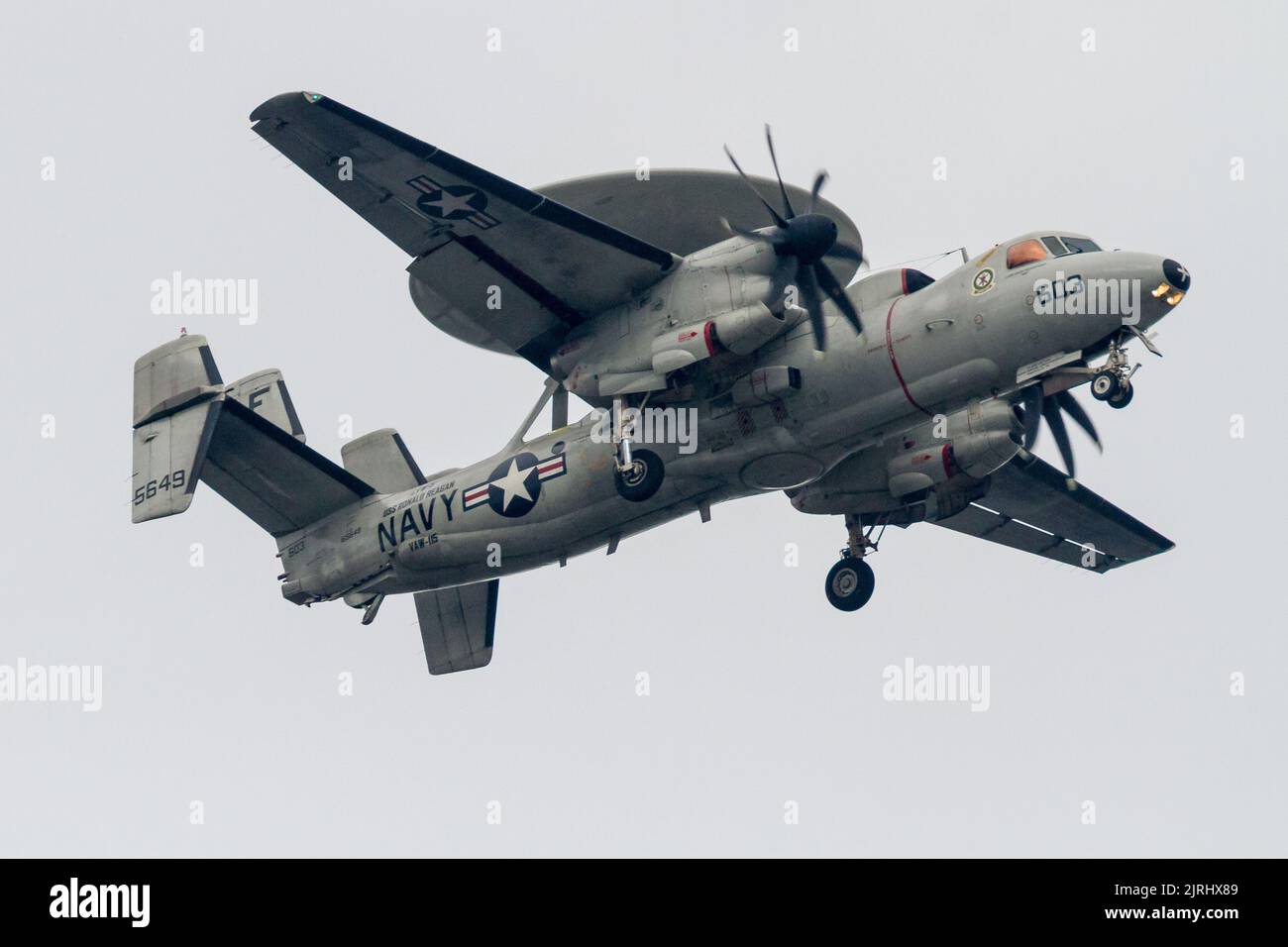 A Northrop Grumman E2 Hawkeye, early warning aircraft with Carrier Airborne Early Warning Squadron 115 (VAW-115), also known as the 'Liberty Bells' Japan Stock Photo