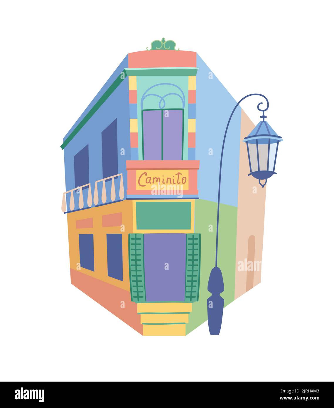 Caminito la Boca, a bright multicolored house in an alley located in Buenos Aires, Argentina. Vector image in flat style, isolated background. Stock Vector