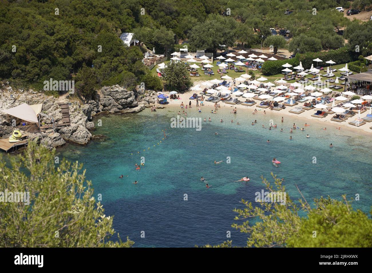 Sivota Epirus Greece Mikri Ammos Beach Crowded With Tourists Stock