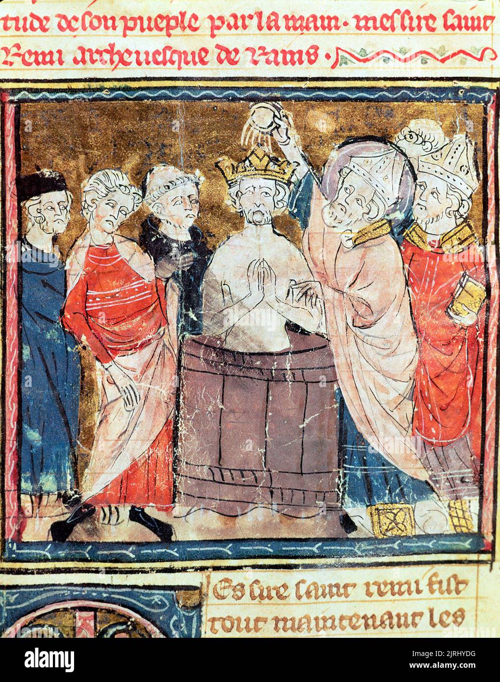 Fol.11r St. Remigius, Bishop of Rheims (c.438-533) baptising and annointing Clovis I (465-511), King of the Franks, from the Grandes Chroniques de France, 1375-79 (vellum) Bibliotheque Municipale, Castres, France; Giraudon; French, Stock Photo