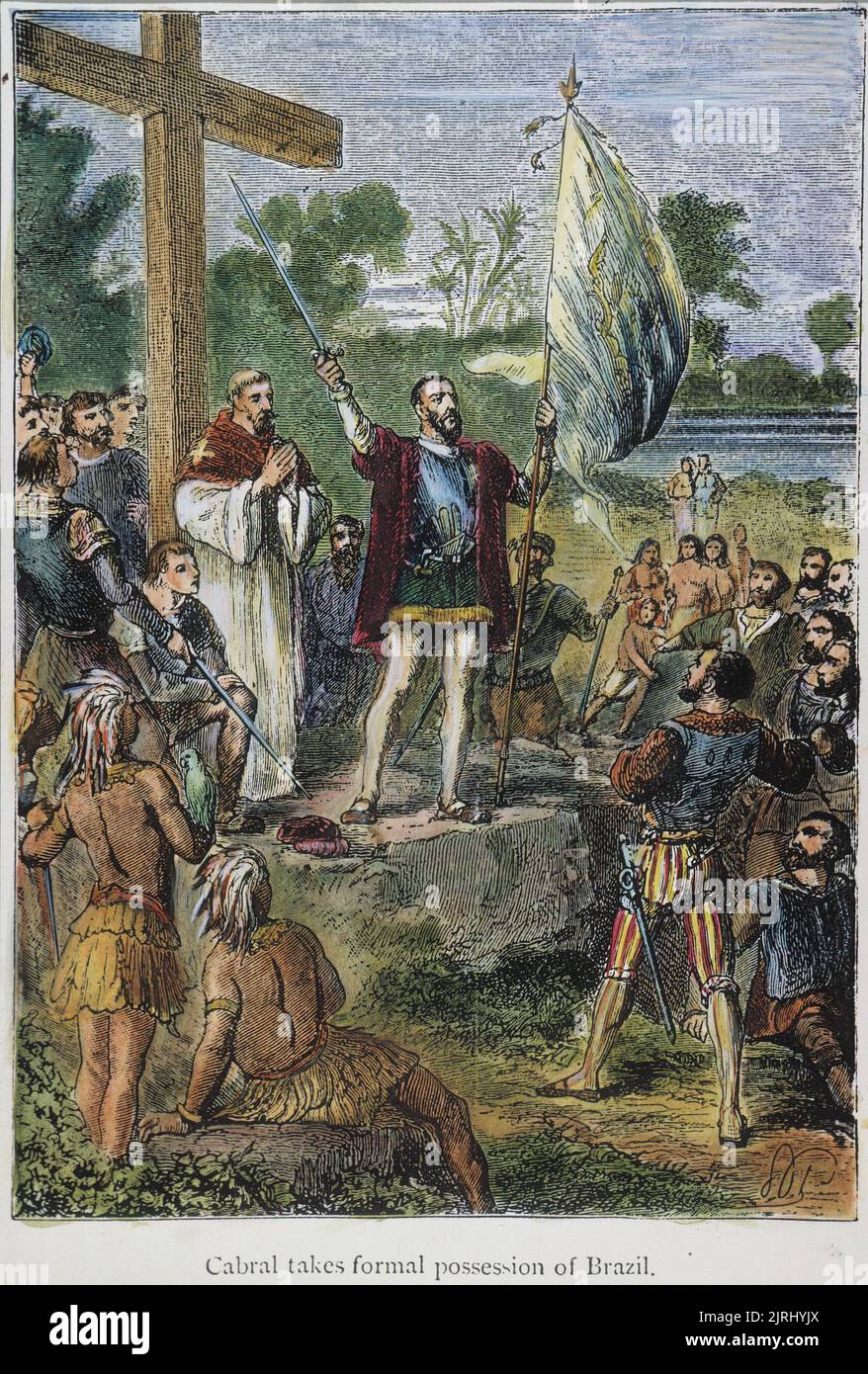 PEDRO ALVARES CABRAL  (c1467-1520). Portuguese navigator. Cabral taking possession of Brazil in the name of Portugal on 22 April 1500. Color engraving, 19th century. Stock Photo