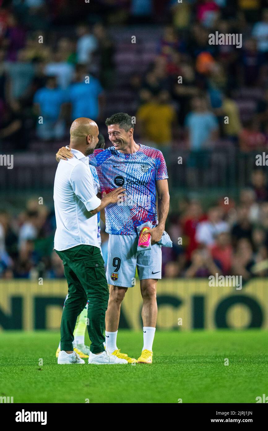 Barcelona, Spain, 24, August, 2022.  Spain-Football- Friendly match for the benefit of ALS research between FC Barcelona v Manchester City. Pep Guardiola (head coach) and (9) Robert Lewandowski.  Credit: JG/Alamy Live News Stock Photo