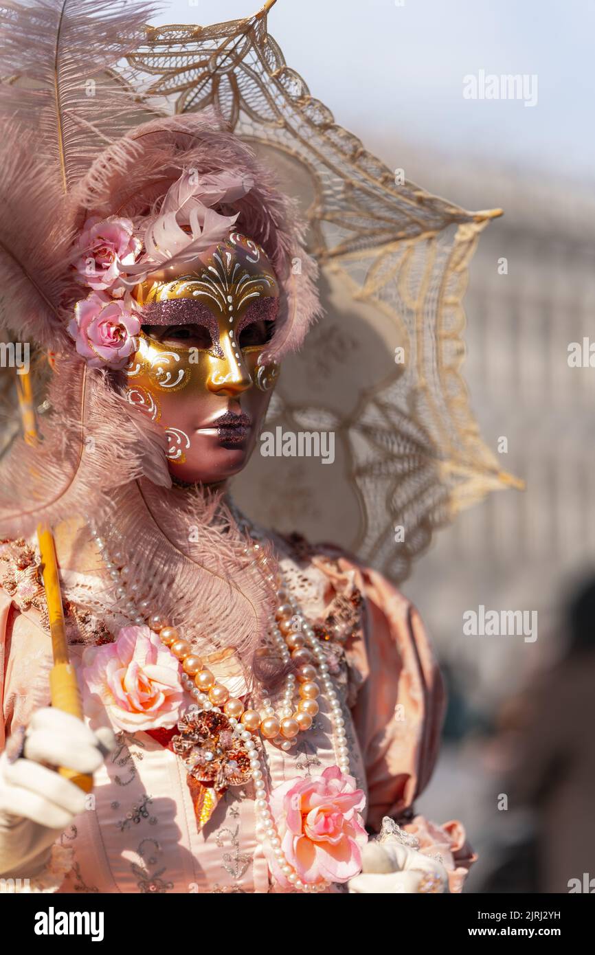 Venice carnival 2022, lady wearing beautiful mask  Stock Photo
