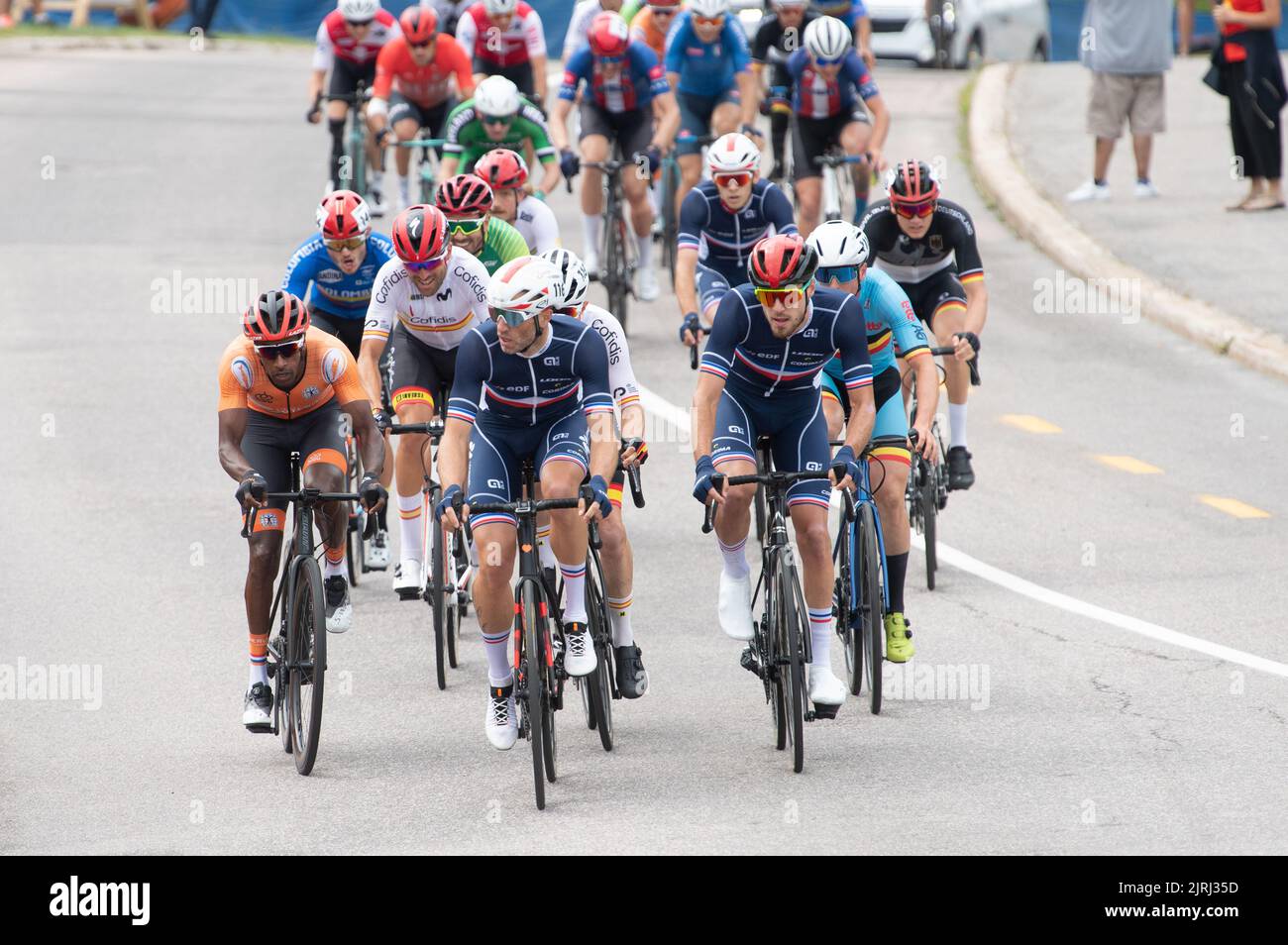 The peloton climbs a hill during the MC5 road race at the 2022 UCI Para