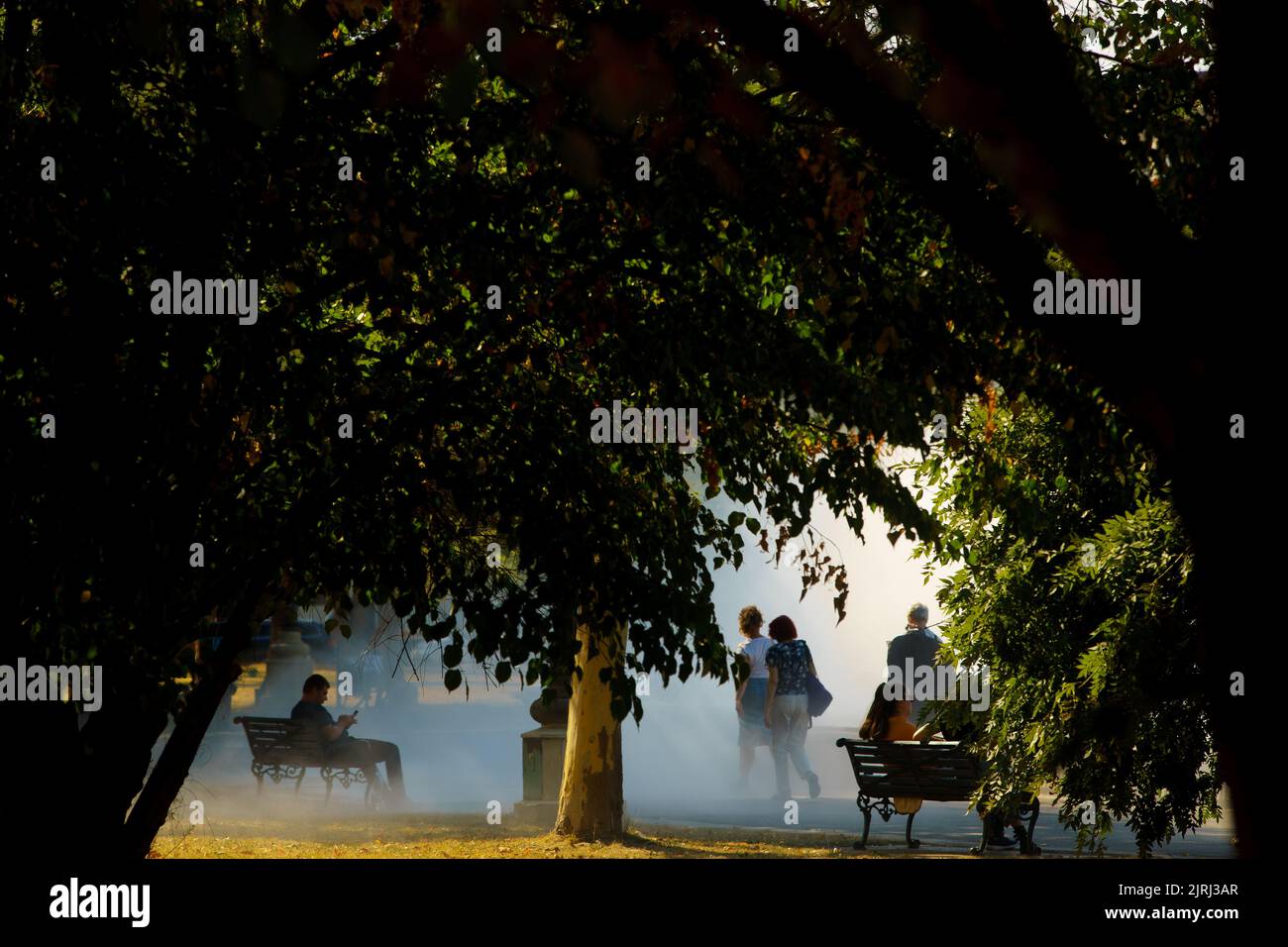 Bucharest, Romania - August 11, 2022: People walk under the trees near the water fountains in the park on a very hot day This image is for editorial u Stock Photo