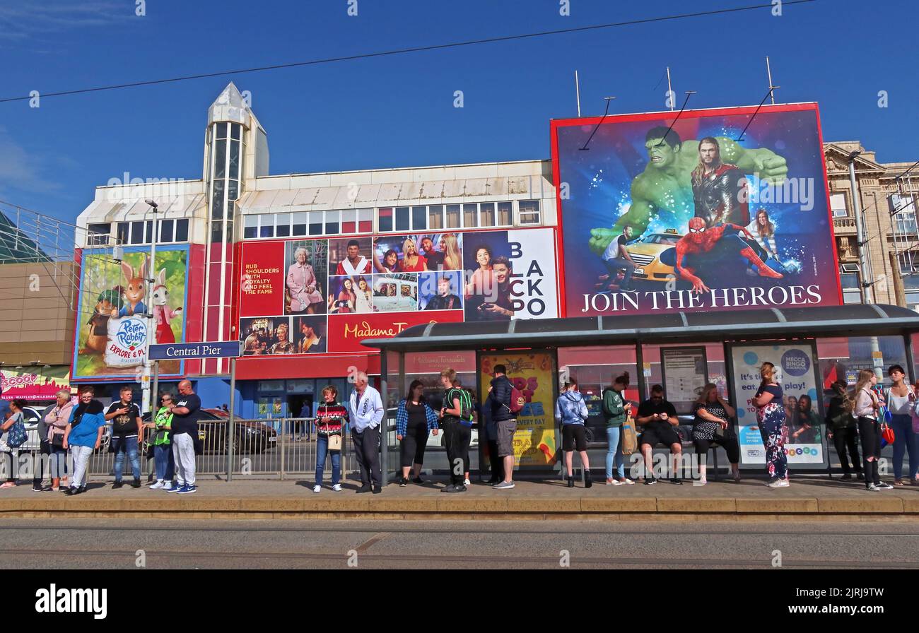 Join the heroes, at Central Pier tram stop, Victorian 1868  boardwalk,  Blackpool, Lancashire, England, UK, FY1 5BB Stock Photo