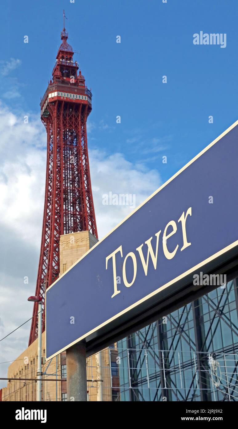 The Blackpool Tower & Spyglass bar, famous icon, on The promenade, Blackpool north west resort, Lancashire, England, UK, FY1 4BJ Stock Photo
