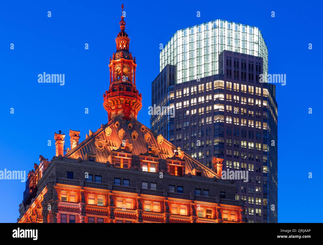 The distinctive rooftops of the Helmsley Building (front) and 383 Madison Avenue (rear, previously known as the Bear Stearns Building) in New York. Stock Photo