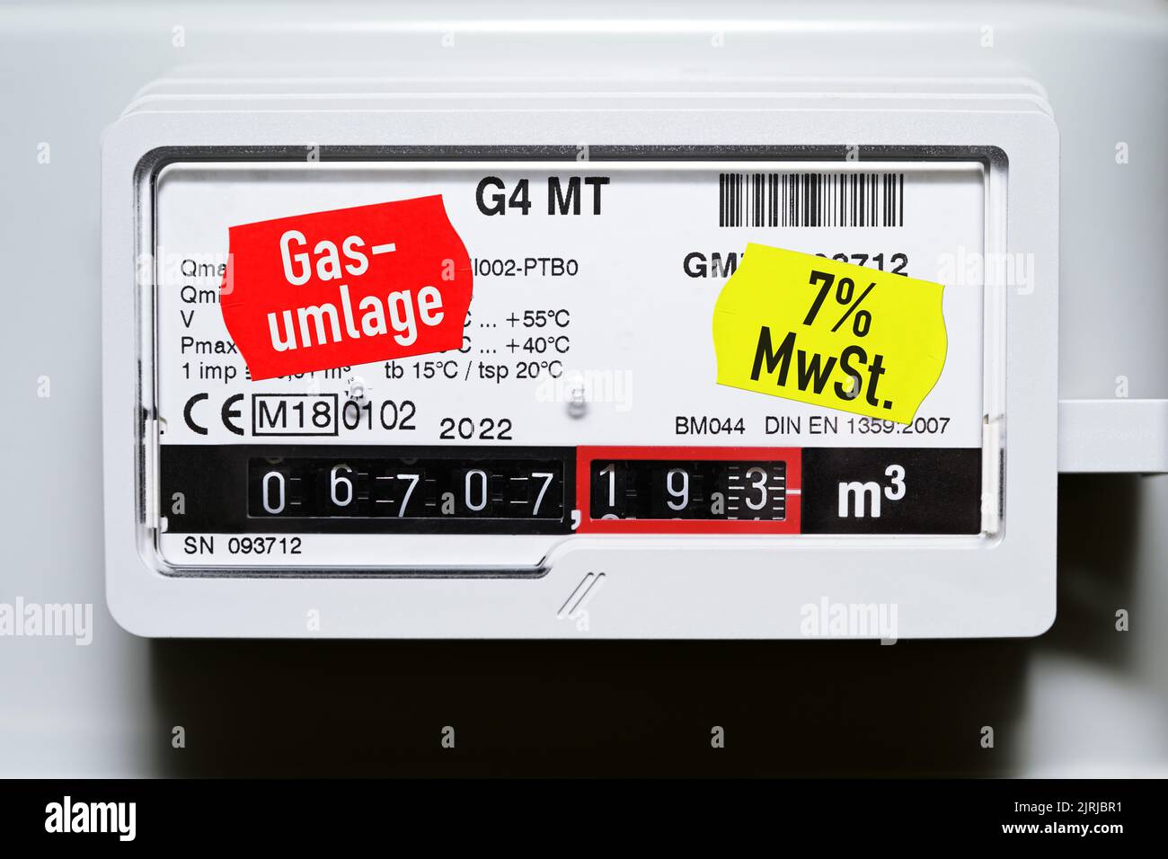 Gas Meters With Price Labels And Inscription Gas Apportionment And VAT 7%. Stock Photo