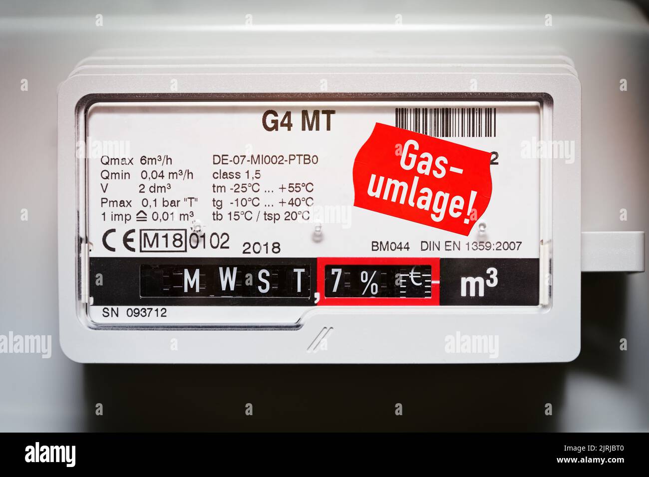Gas Meter With Inscription VAT 7% And Price Tag With Inscription Gas Apportionment Stock Photo