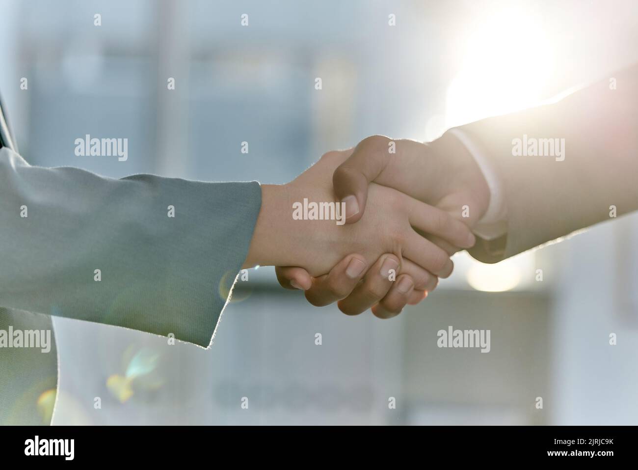 Handshake, greeting and meeting business people in an agreement or ...