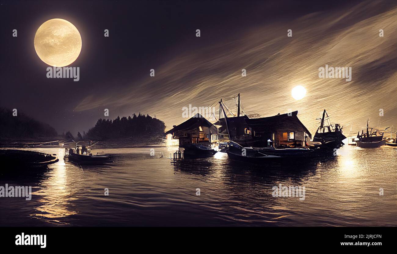 Full moon over floating fishing village at night Stock Photo Alamy