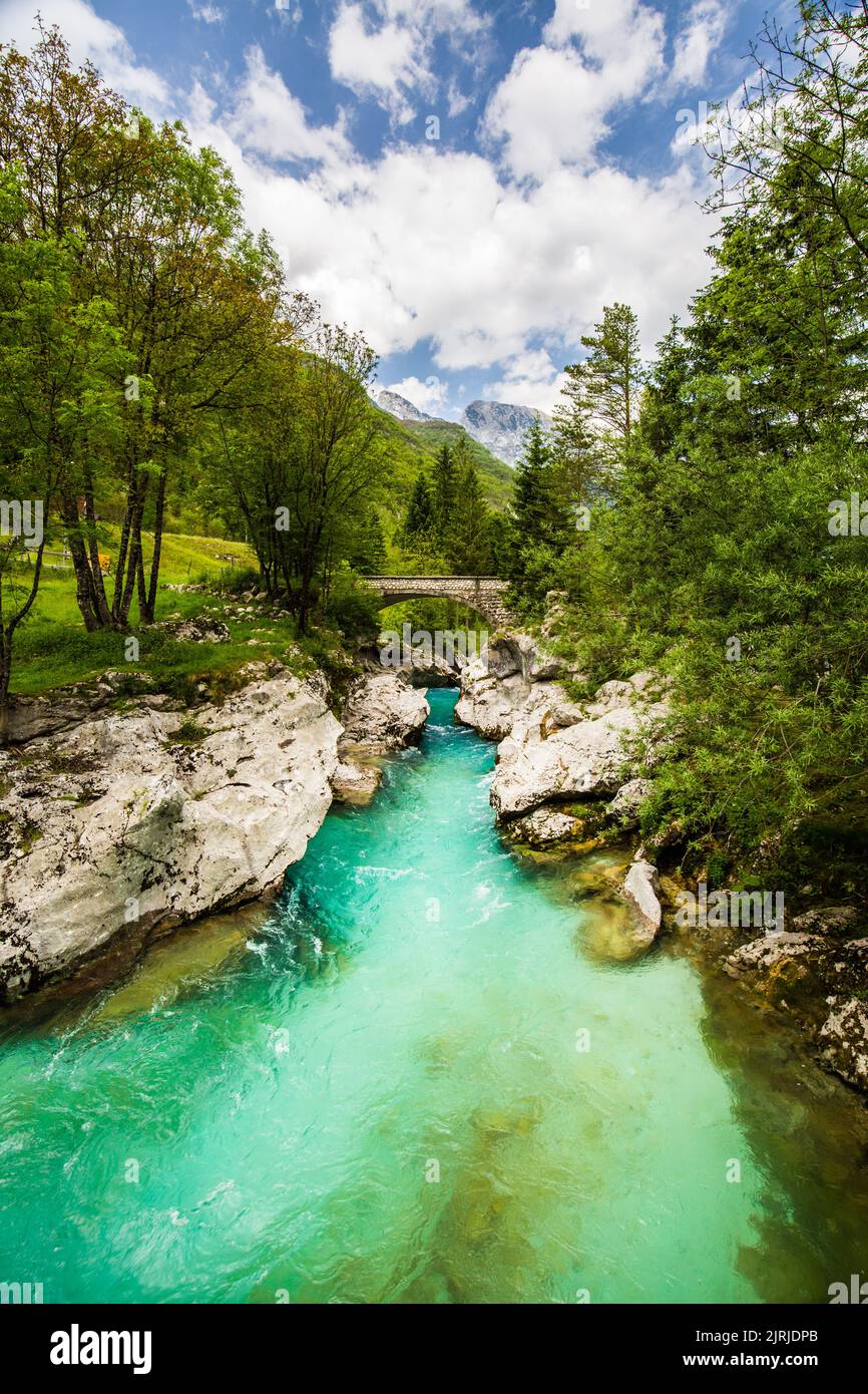 Emerald Soca River in Soca Valley, Slovenia, Europe. Stock Photo