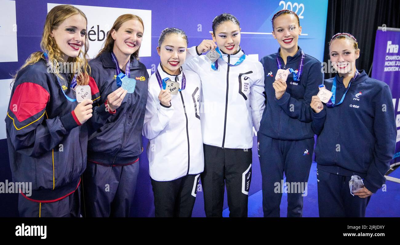 Brigitte Guadron and Gabriela Magana of Spain, Yukina Hotta and Moka Fujii of Japan and Romane Lunel and Oriane Jaillardon of France pose with their medals after the duet technical program at the World Junior Artistic Swimming Championship on August 24, 2022 in Quebec City, Canada. Credit: Mathieu Belanger/AFLO/Alamy Live News Stock Photo