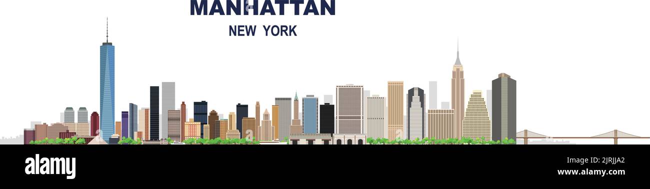 Layered editable vector illustration skyline of Manhattan, New York City, USA, each building is on a separate layer. Stock Vector