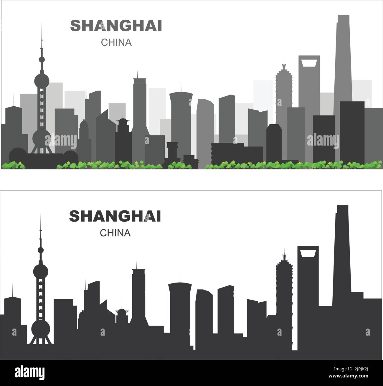 Layered editable vector illustration sihouette of Shanghai,China, each building is on a separate layer Stock Vector