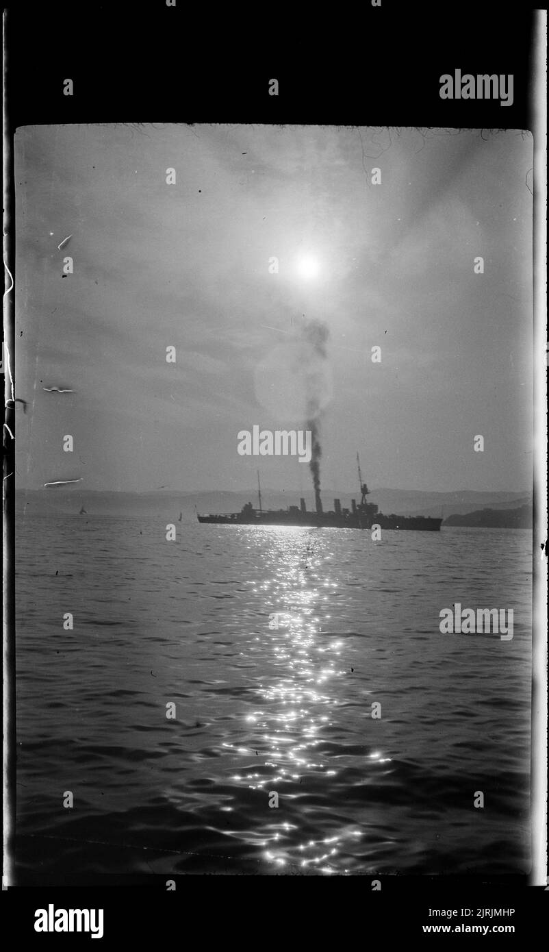 Ship in Wellington harbour, 1920s-1930s, Wellington, by Roland Searle. Stock Photo