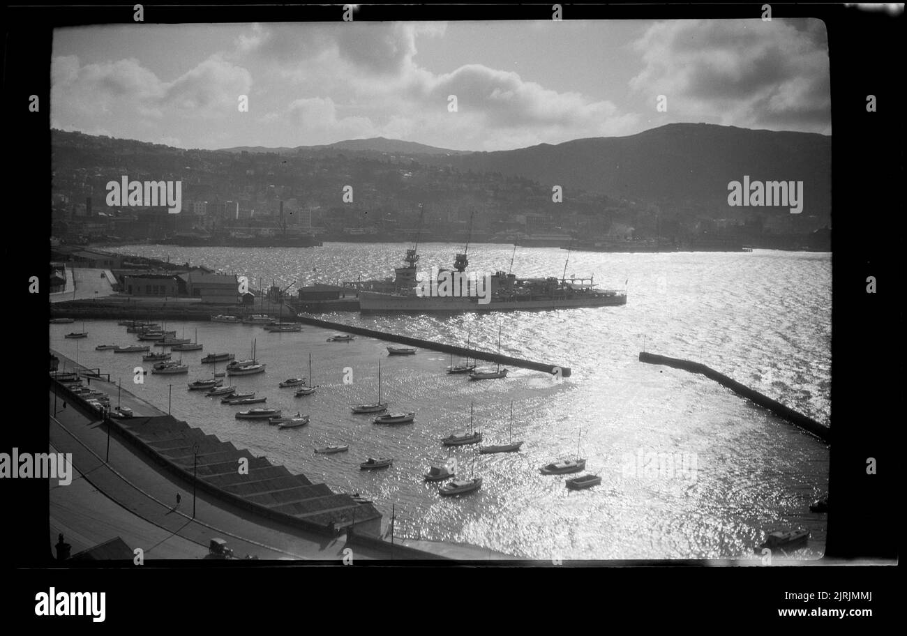 [Wellington harbour], 1920s-1930s, Wellington, by Roland Searle. Stock Photo