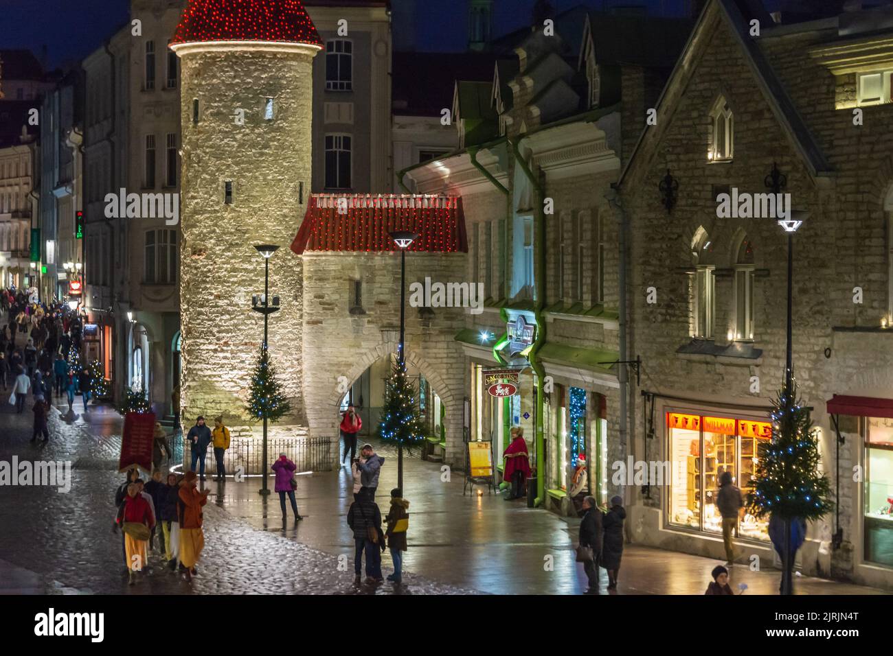 Christmas eve on Viru street at Viru gate to Old town (Vanalinn) in Tallinn Estonia Stock Photo