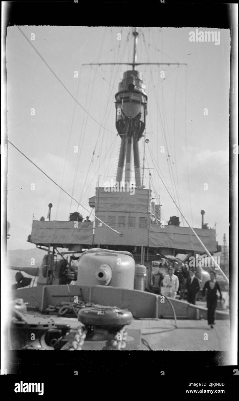 [Crowds on deck of a battleship in Wellington harbour], 1920s-1930s, Wellington, by Roland Searle. Stock Photo