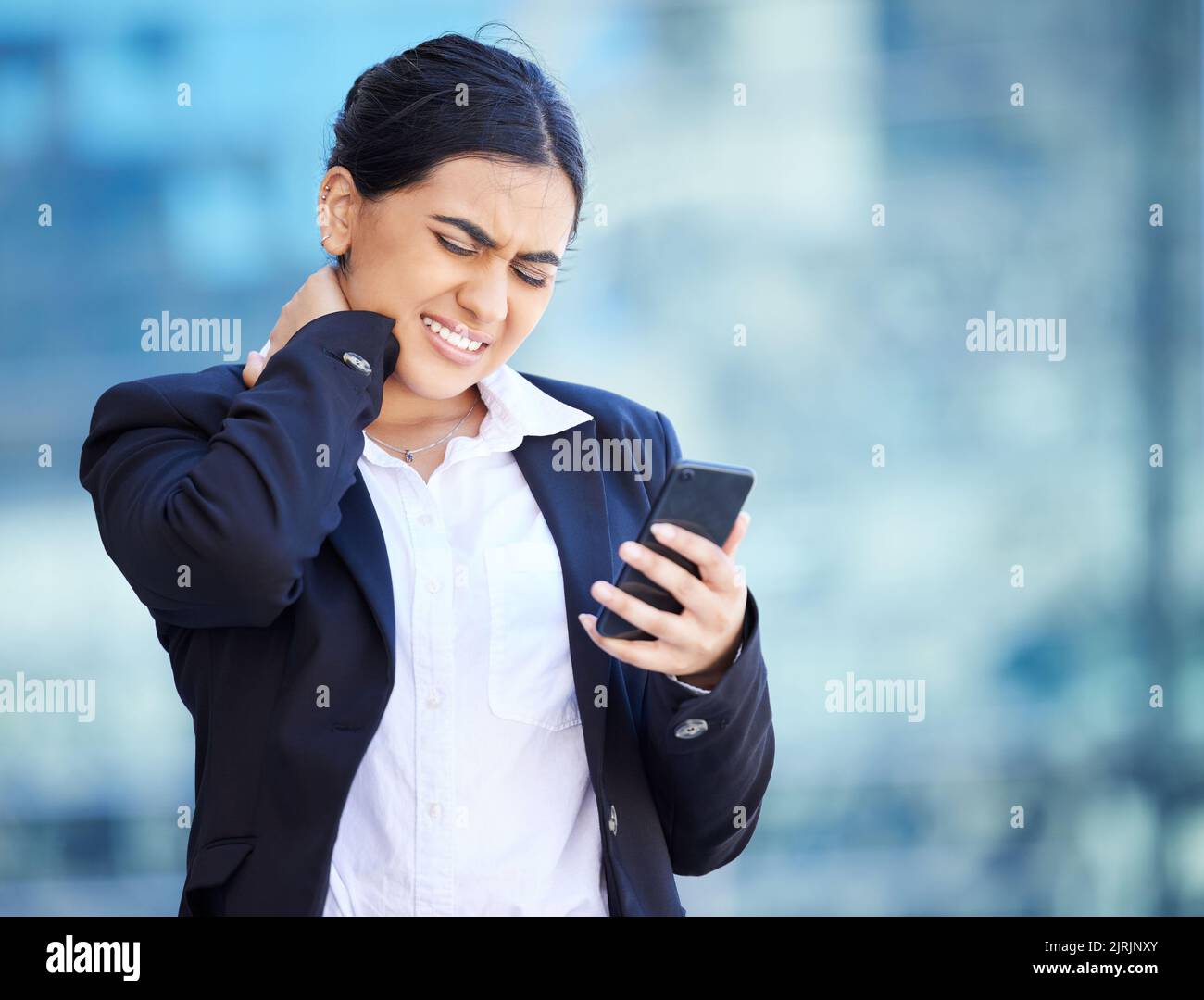 Headache, injury and neck pain while texting, business woman suffering