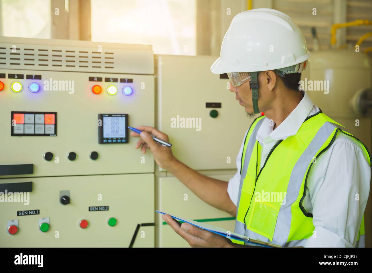 Electrical engineers test the voltage and current of the wires in the