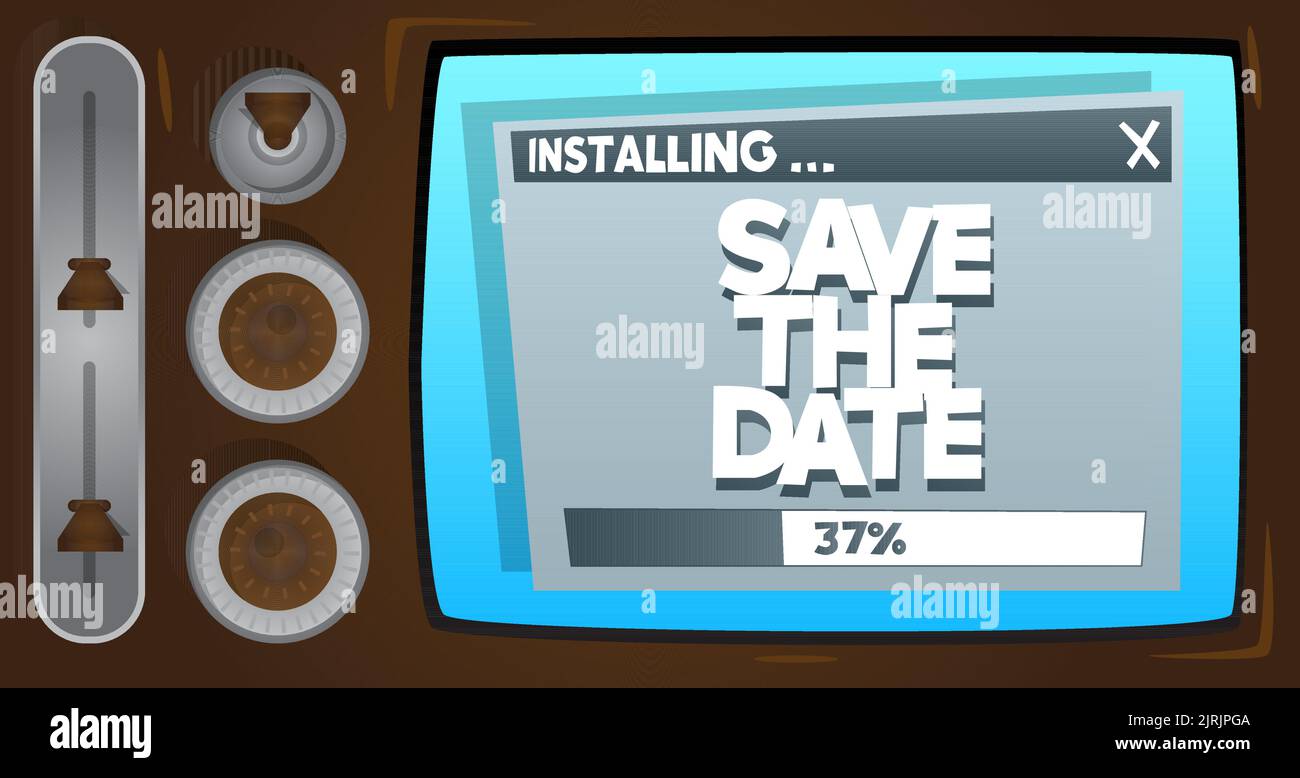 Cartoon Computer With the word Save The Date. Message of a screen