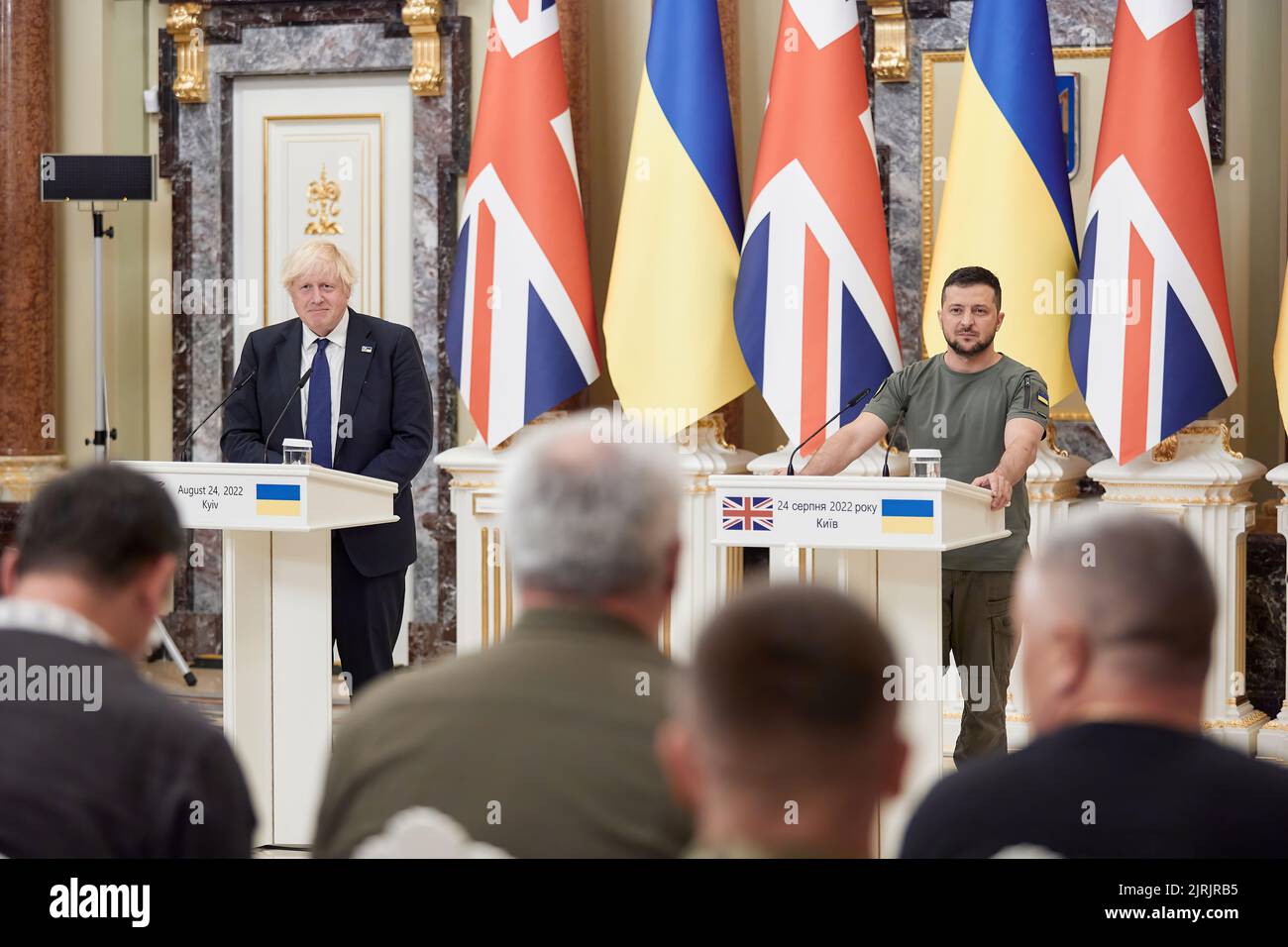 The President of Ukraine, Volodymyr Zelensky, awarded the Order of Freedom to Prime Minister of the United Kingdom Boris Johnson who is on a visit to Ukraine. 'Today, on the day of our independence, which we celebrate in spite of everything, I have the honor to present on behalf of all Ukrainians the Order of Freedom to Boris. This award fully reflects what Boris did and does for our country and the whole of Europe,' said the Head of State.  Volodymyr Zelensky emphasized that the award is a manifestation of respect for Great Britain and gratitude to the entire British people. Stock Photo