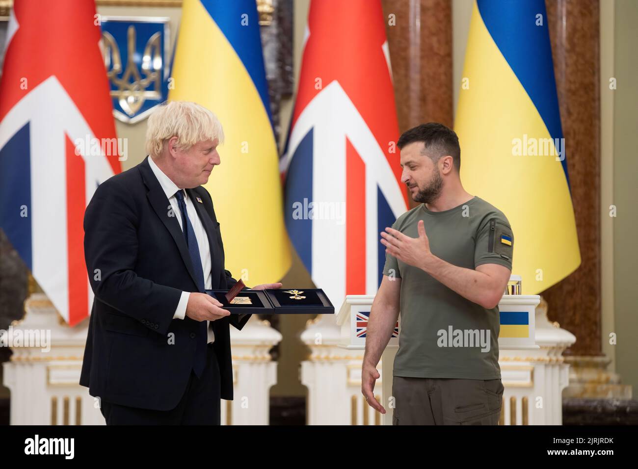 The President of Ukraine, Volodymyr Zelensky, awarded the Order of Freedom to Prime Minister of the United Kingdom Boris Johnson who is on a visit to Ukraine. 'Today, on the day of our independence, which we celebrate in spite of everything, I have the honor to present on behalf of all Ukrainians the Order of Freedom to Boris. This award fully reflects what Boris did and does for our country and the whole of Europe,' said the Head of State.  Volodymyr Zelensky emphasized that the award is a manifestation of respect for Great Britain and gratitude to the entire British people. Stock Photo