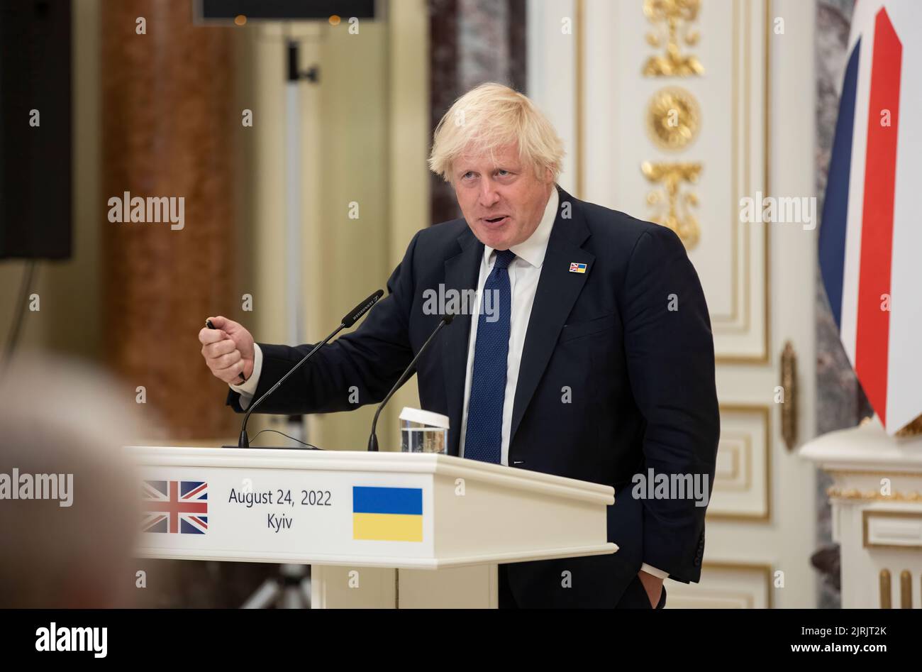 The President of Ukraine, Volodymyr Zelensky, awarded the Order of Freedom to Prime Minister of the United Kingdom Boris Johnson who is on a visit to Ukraine. 'Today, on the day of our independence, which we celebrate in spite of everything, I have the honor to present on behalf of all Ukrainians the Order of Freedom to Boris. This award fully reflects what Boris did and does for our country and the whole of Europe,' said the Head of State.  Volodymyr Zelensky emphasized that the award is a manifestation of respect for Great Britain and gratitude to the entire British people. Stock Photo