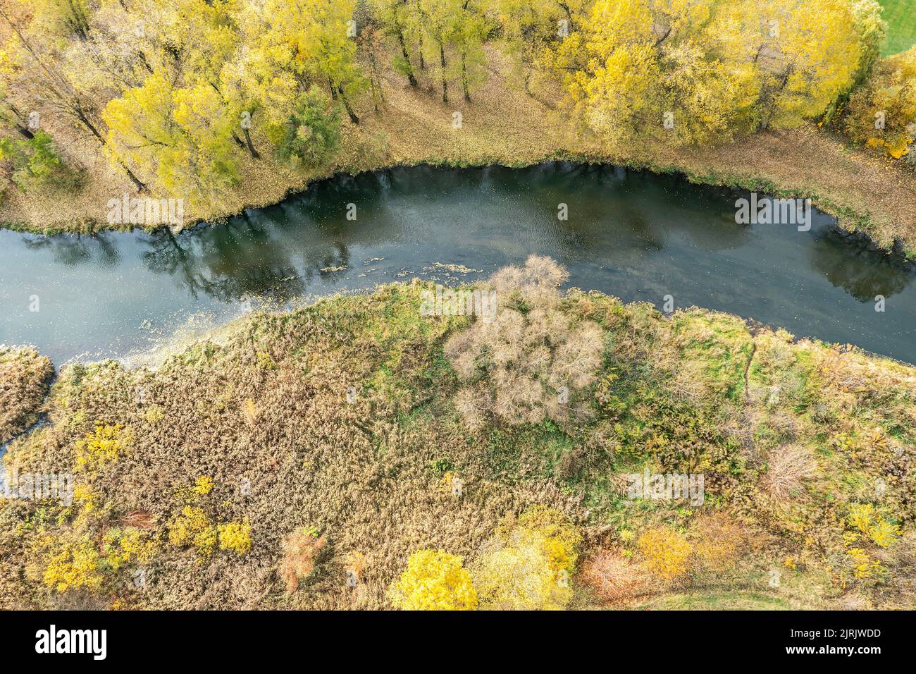 winding river in the yellow autumn forest. aerial top view from flying drone. Stock Photo
