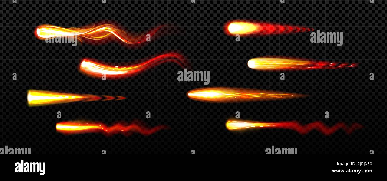 Fire trails, flying asteroids, comets, glowing lines with light sparks, cracker, magic fire ball or wand trace motion vfx effect. Isolated petards, bright glow sparkles, Realistic 3d vector set Stock Vector
