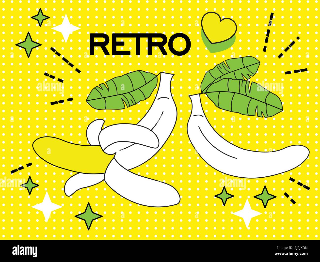 Retro Pop Art of yellow bananas on an yellow background. Cartoon retro banner for web banners, websites,   magazine covers. Vector illustration. Stock Vector