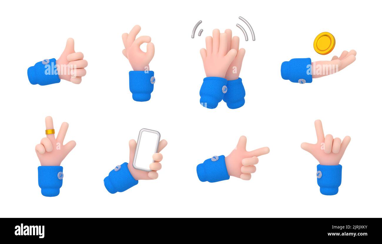 3d render hand gestures clap, ok, peace, thumb up, holding coin and smartphone, pointing with index finger and rock. Isolated human palm gesticulations, Rendering illustration in cartoon plastic style Stock Photo