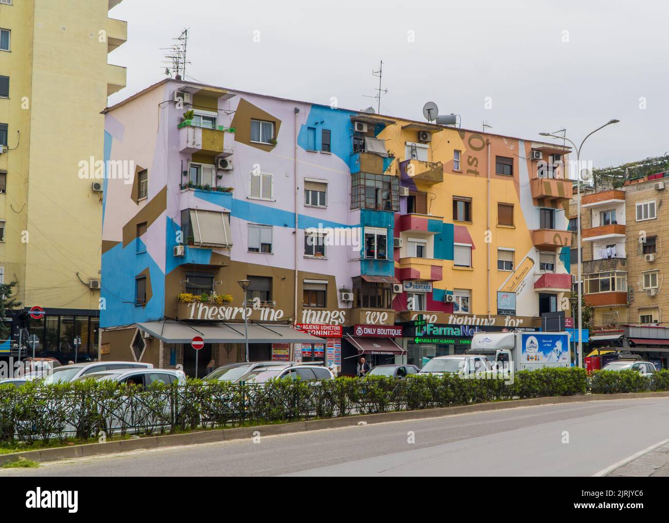 Renovated apartment buildings with colorful walls in central Tirana, Albania Stock Photo Alamy