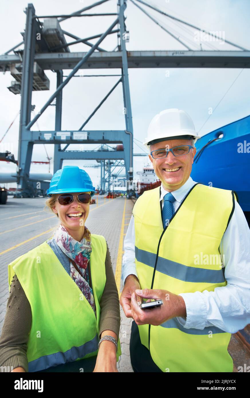 Logistics, supply chain and ship engineer or workers on the dock