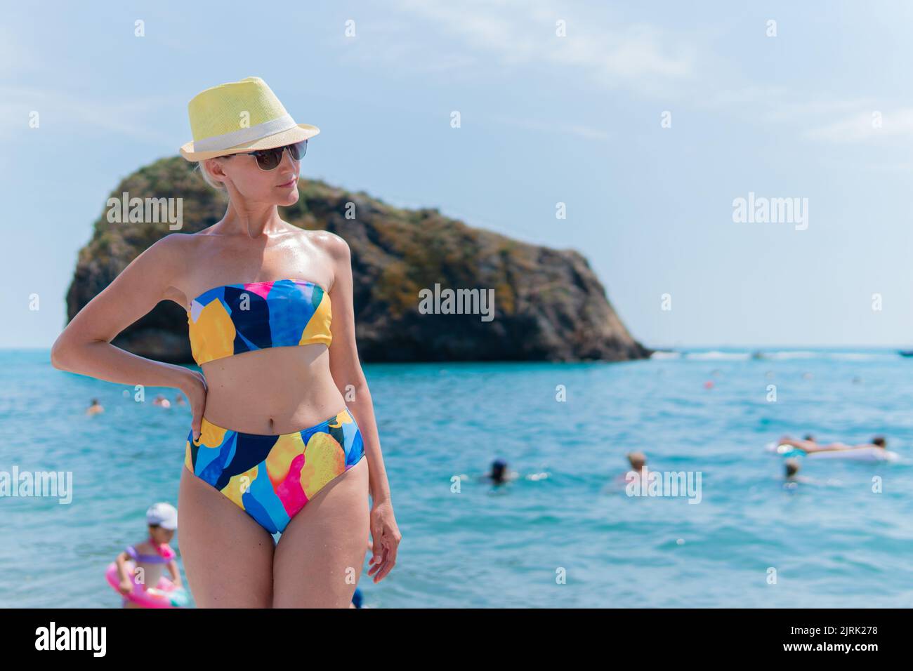 Bathe girl people cape fiolent hat crimea cross summer beach, for scenic near from black for landscape blue, seascape beautiful. Panoramic religion Stock Photo