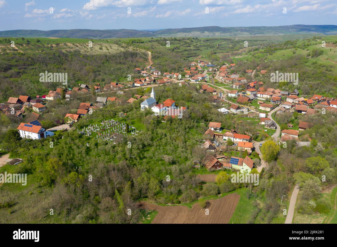 Aerial view of a typical Hungarian village in Transylvania, Romania. Inaktelke, Inucu Stock Photo