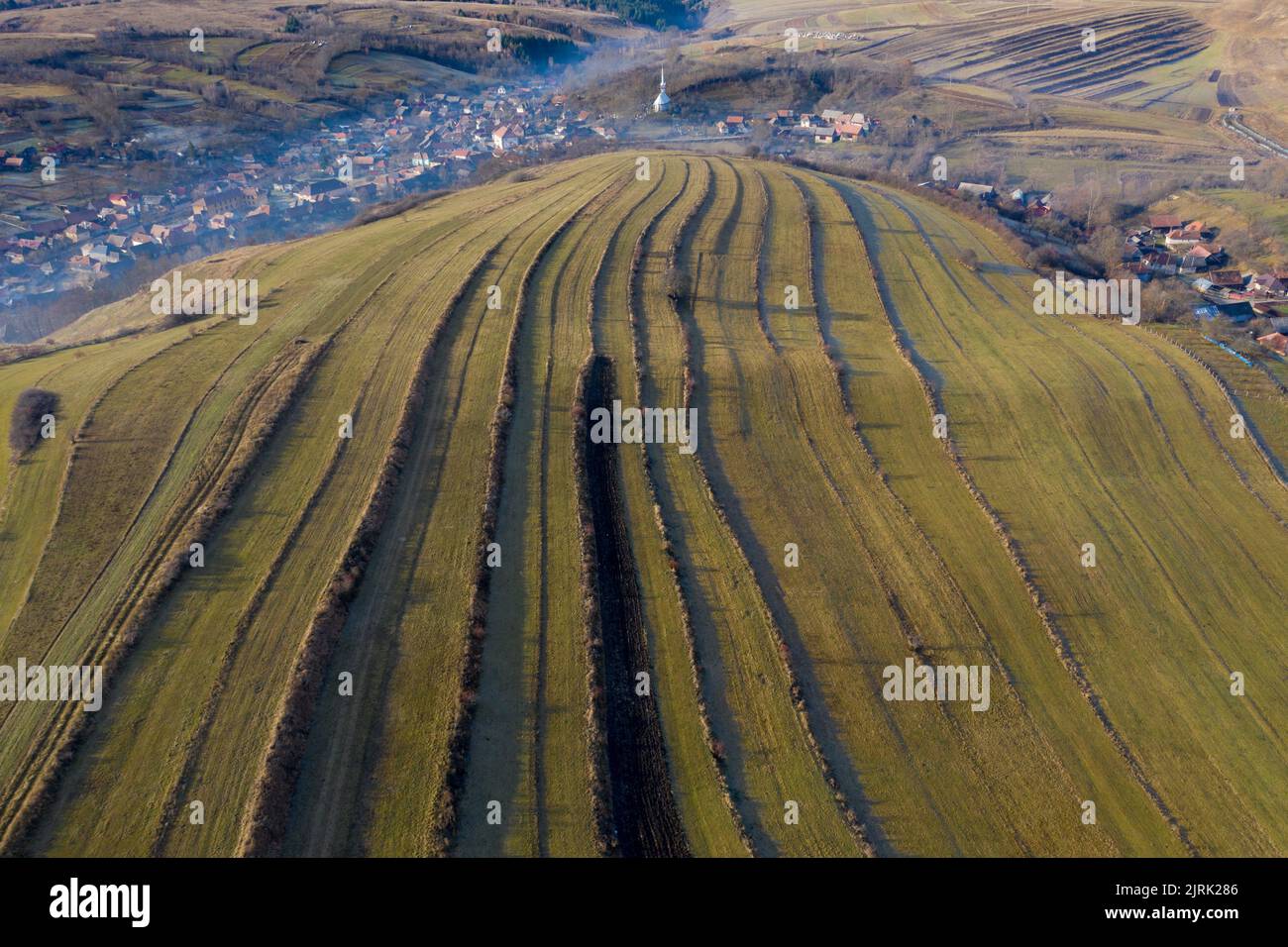 Above aerial view over agricultural fields in the autumn Stock Photo