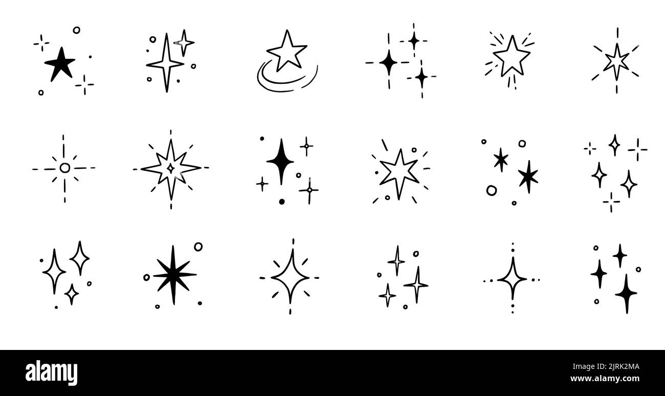 Line star glitter shine of doodle set. Star shine glow, spark glitter