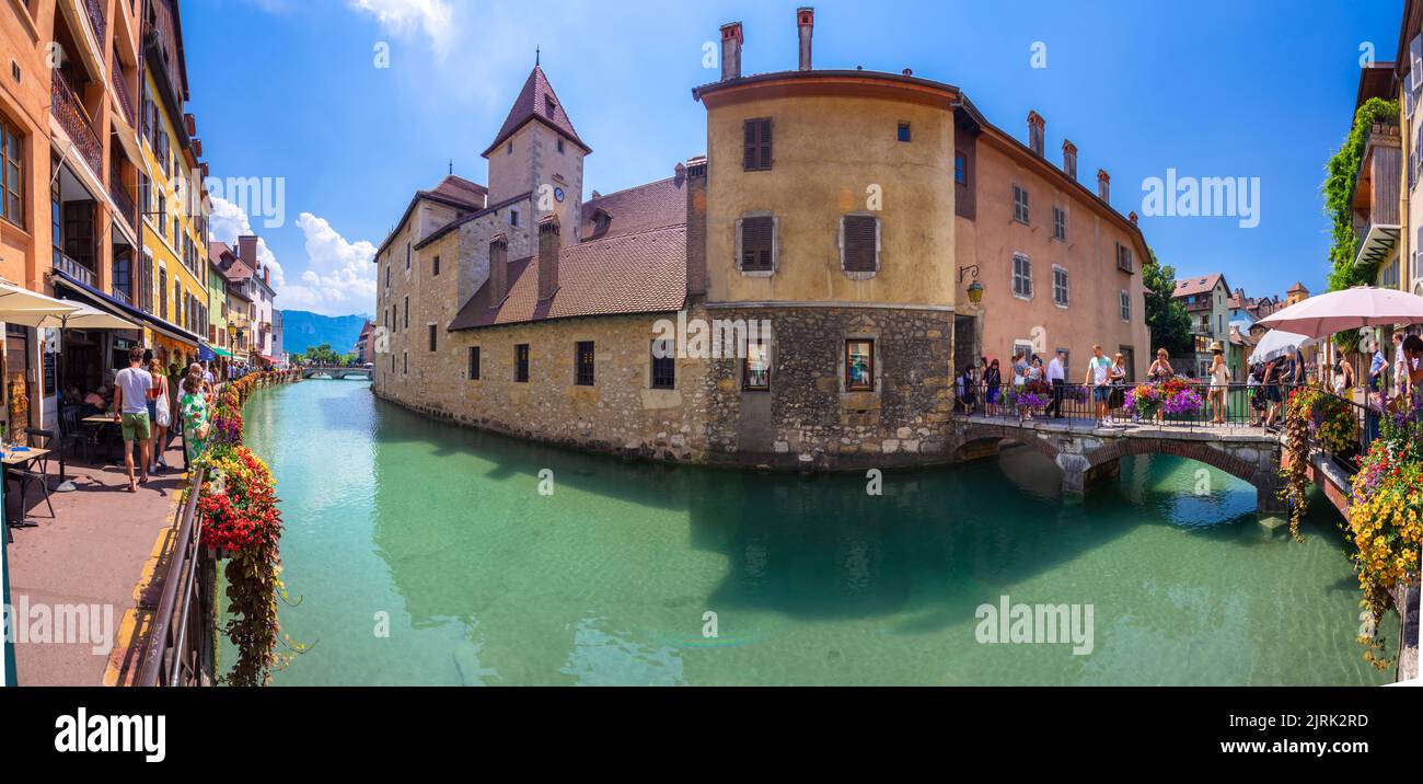 Old town of Annecy with river Thiou, medieval palace the Palais de l'Isle, Annecy, France Stock Photo