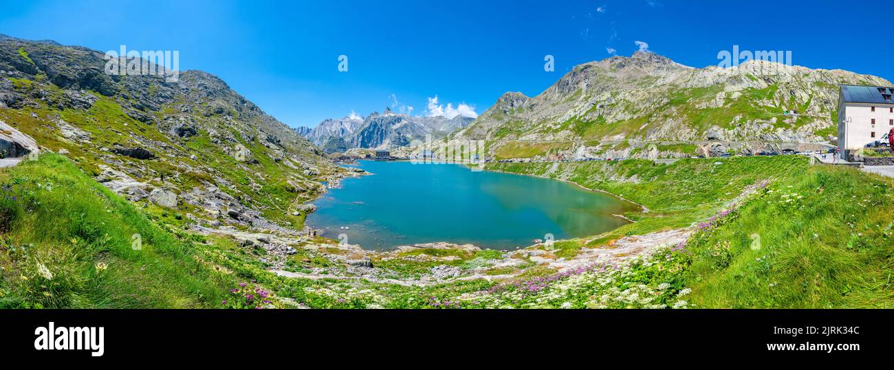 Amazing landscapes at the Great Saint Bernard pass, borders of Italy, France, Switzerland. Stock Photo
