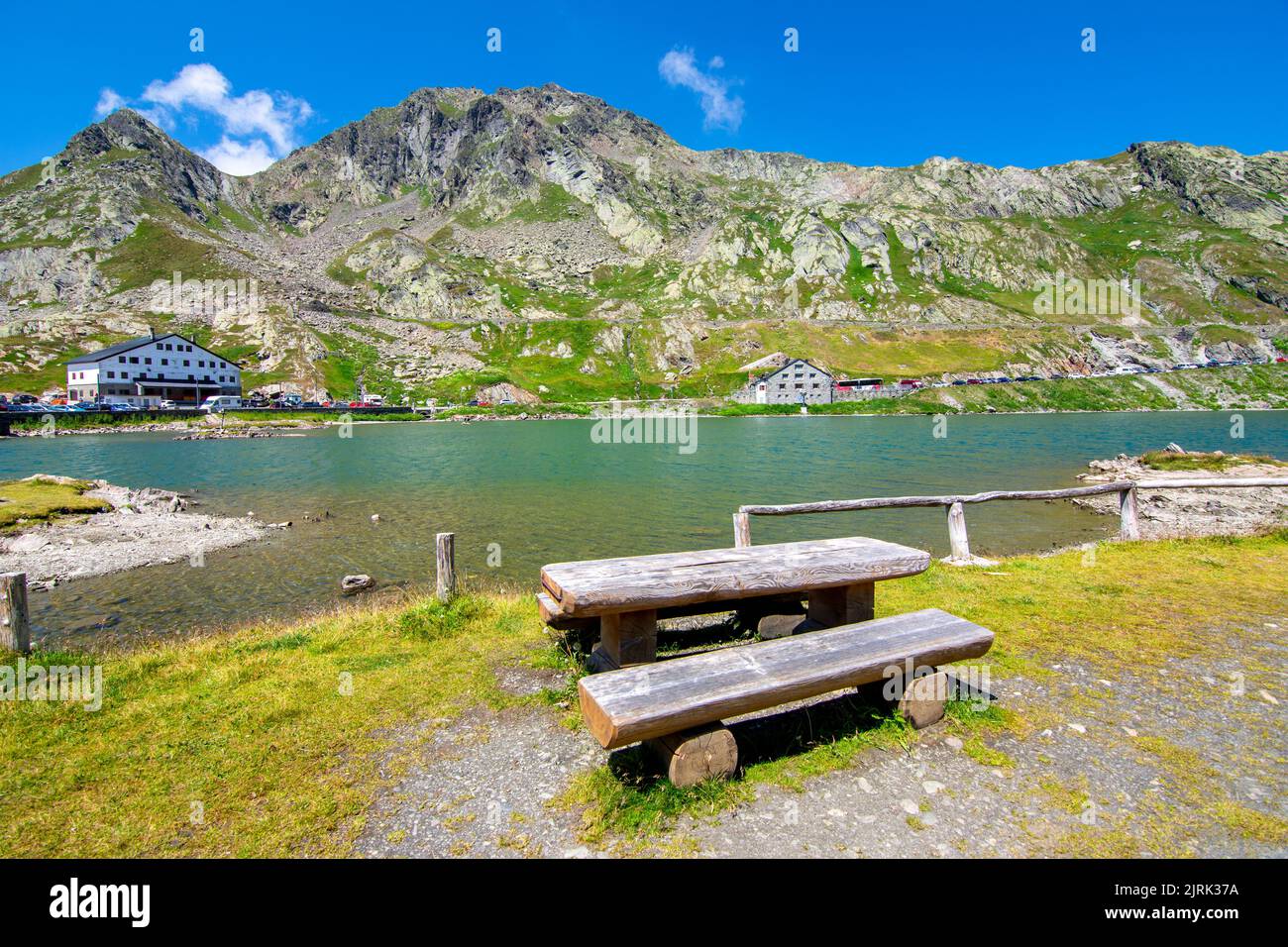 Amazing landscapes at the Great Saint Bernard pass, borders of Italy, France, Switzerland. Stock Photo