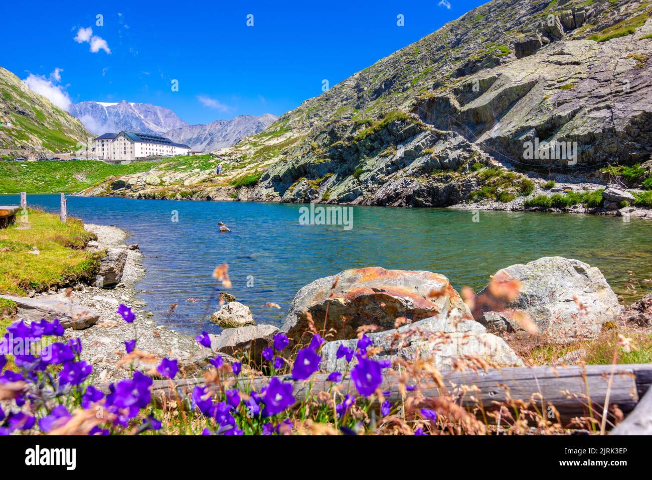 Amazing landscapes at the Great Saint Bernard pass, borders of Italy, France, Switzerland. Stock Photo